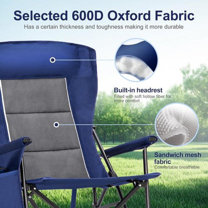 LET'S CAMP Oversized Camping Chairs - Heavy Duty 500LBS Support | Portable Collapsible Design, 2 Pack (Blue)