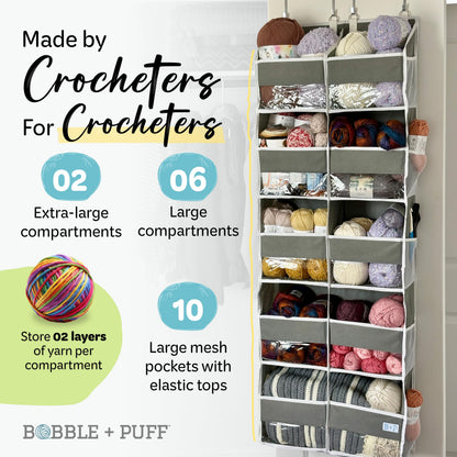 BOBBLE + PUFF Over Door Yarn Storage Organizer with 8 Large Compartments & 10 Mesh Side Pockets for Crochet Accessories & Knitting Supplies, Closet Organization & Home Improvement, 44lbs Weight Limit