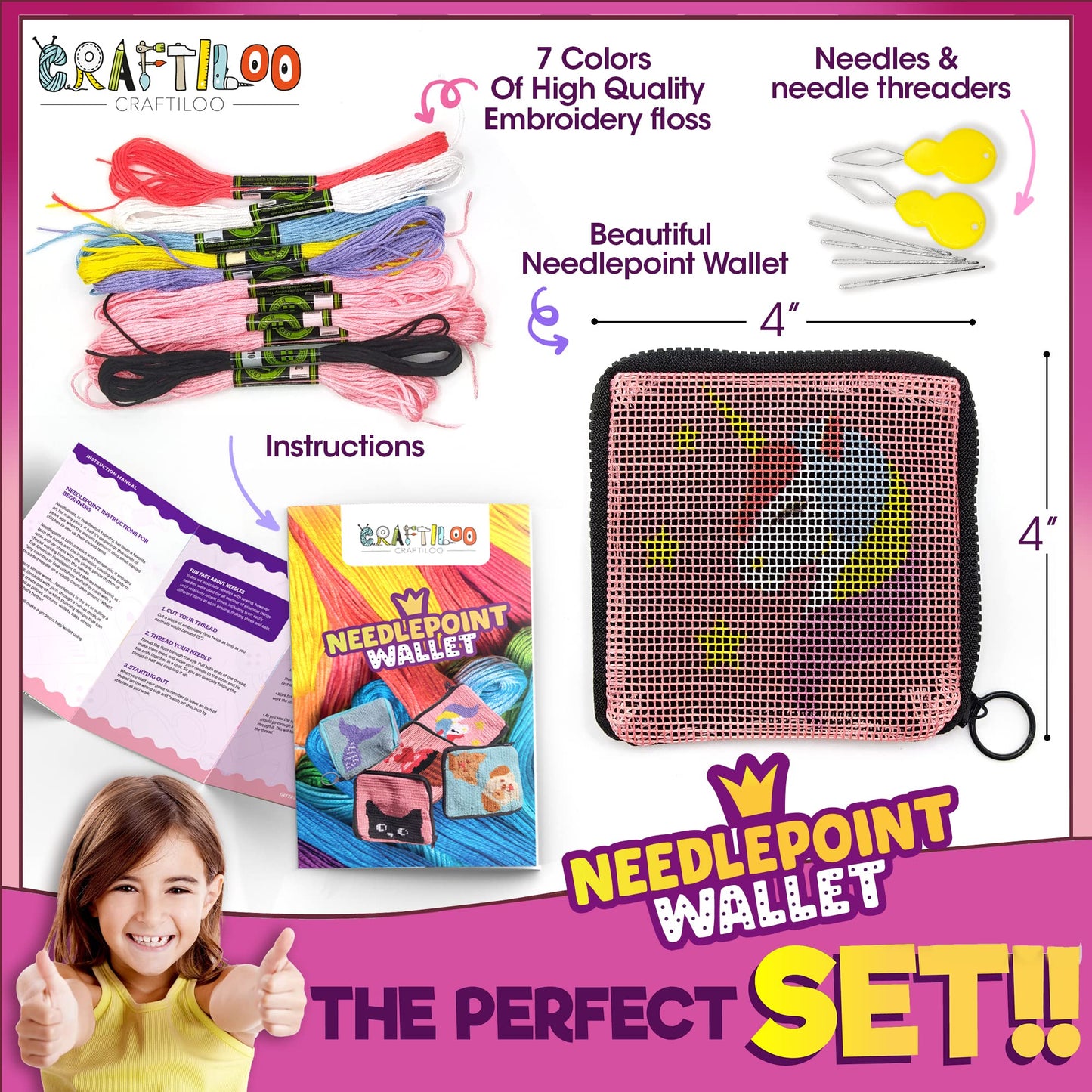CRAFTILOO Needlepoint Kit for Kids — Beginner Cross Stitch Sewing Kit with Pre Printed Canvas, Easy Embroidery Arts and Crafts Starter Set for Girls and Boys Ages 6-12 (Unicorn)