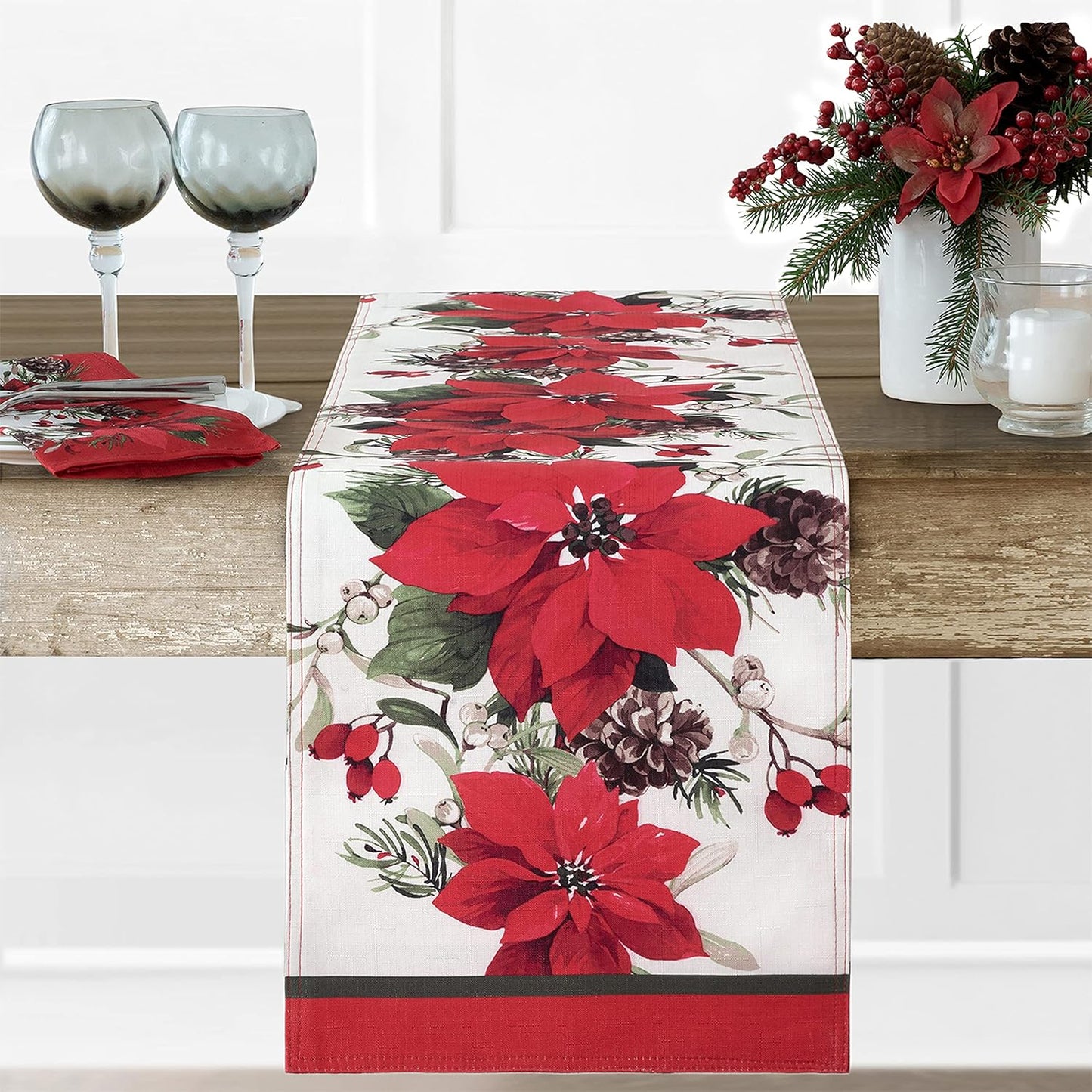 Newbridge Christmas Blooming Poinsettia’s Double Bordered 70 Inch Long Table Runner, Holiday Red and White Poinsettia