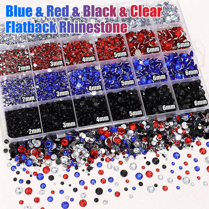 RODAKY Blue Red Rhinestone Flatback Resin Gems Mixed Size Resin Rhinestones for Bedazzling 4th of July Crystal Jewels Clear Black Gem Beads for Crafting Design Face Makeup Clothing