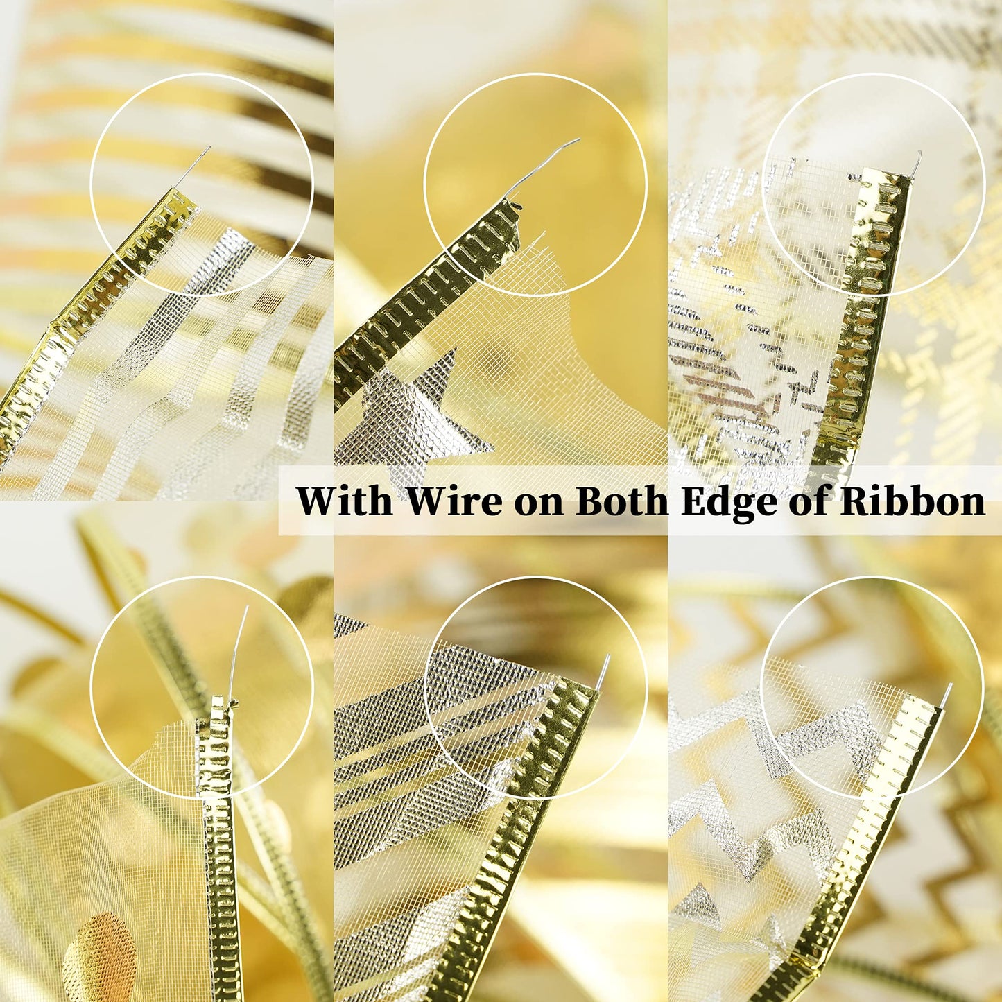 MEEDEE Gold Ribbon for Christmas Tree Decoration - 2.5 Inch, 6 Rolls, 36 Yards - Star and Stripe Wired Ribbon for Tree Garland and Crafts