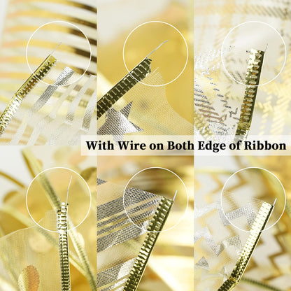 MEEDEE Gold Ribbon for Christmas Tree Decoration - 2.5 Inch, 6 Rolls, 36 Yards - Star and Stripe Wired Ribbon for Tree Garland and Crafts