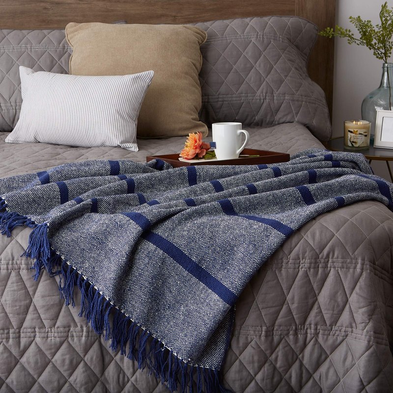 DII Navy Stripe Homespun Throw, 50x60 with 2.5" Fringe