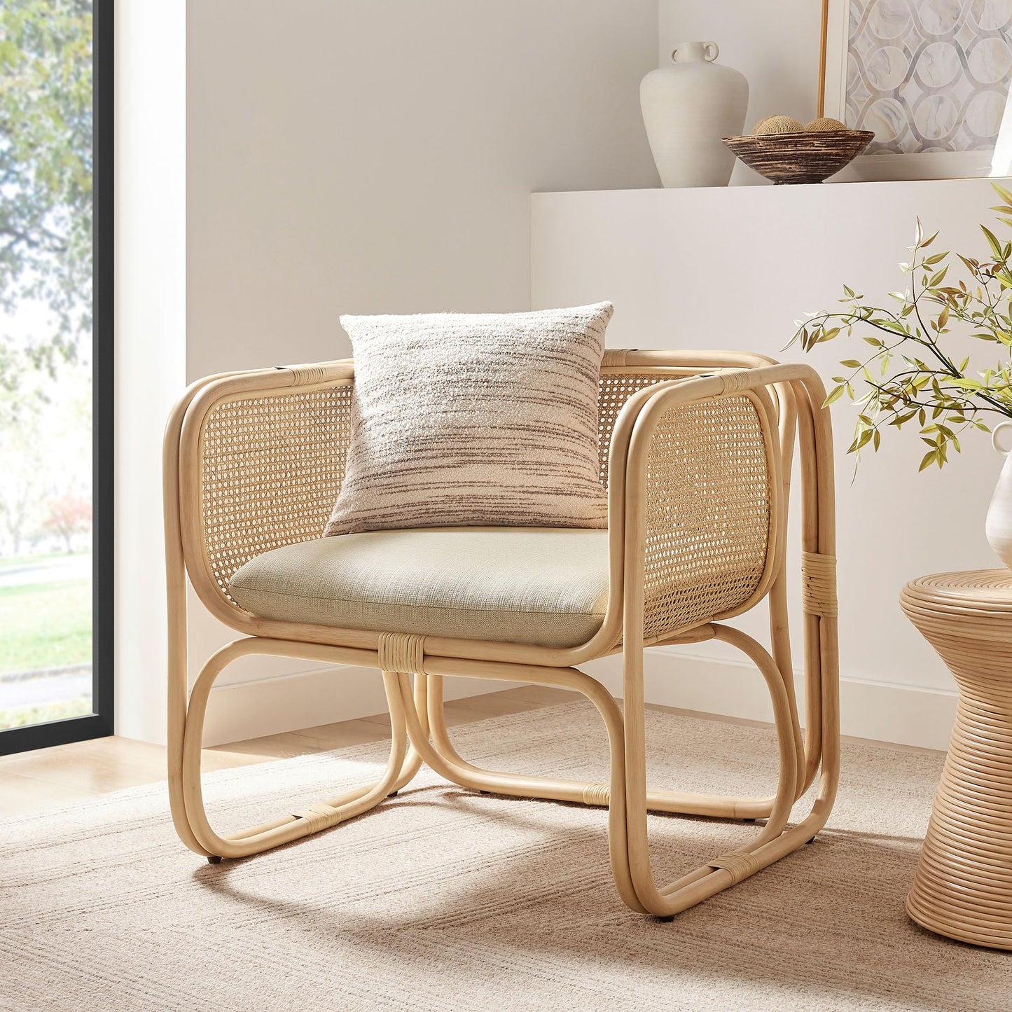 Ellis Natural Rattan Accent Armchair in Natural – Curved Low Lounge Chair with Cushioned Seat for Living Room, Sunroom, or Covered Patio
