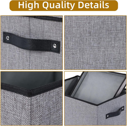 Fabric Storage Boxes, 15 x 9.8 x 8.3 Inch Bins with Lids, Medium Gray Decorative Linen Closet Organizers with Handles,