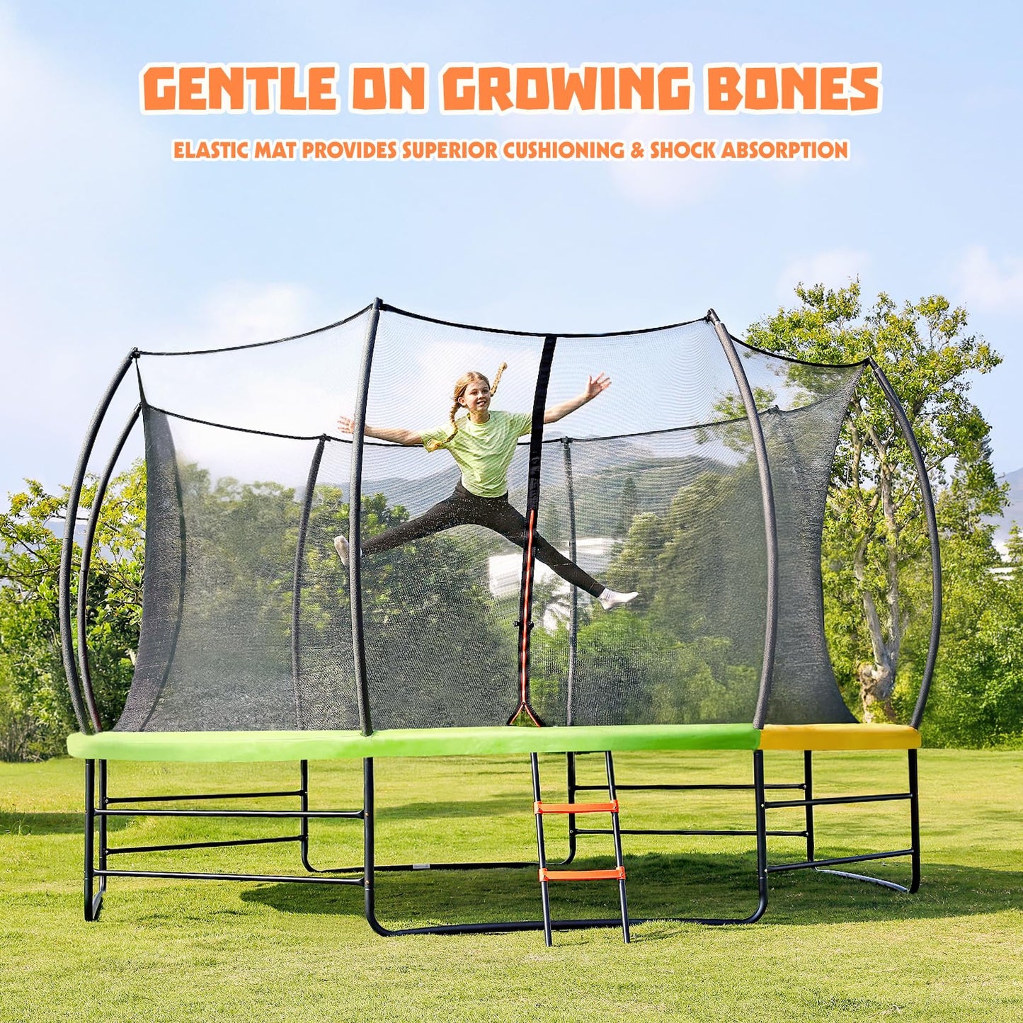 Yohood Trampoline Outdoor 12FT 14FT, Recreational Trampolines with Enclosure Net and Ladder, ASTM Approved for Kids and Adults, with Additional 8 Stabilizer Bars and Anti-Rust Coated Galvanized Frame