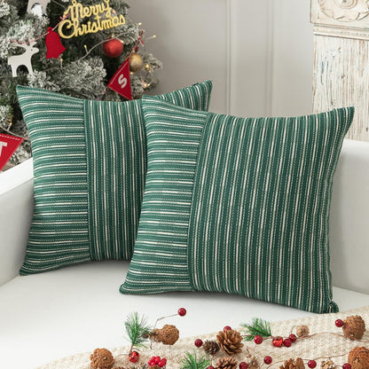 18x18, Set 2, Kevin Textile Dark Green and Beige Farmhouse Striped Patchwork Linen Decorative Throw Pillows Covers