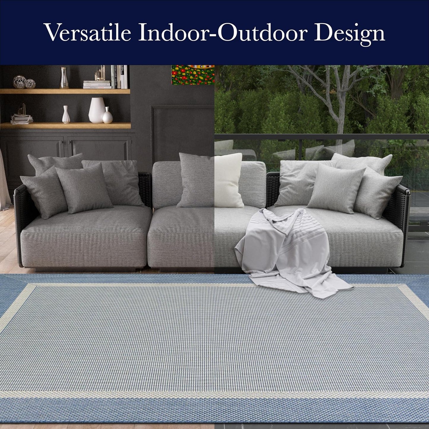 2' 3'7" Set, Couristan Recife Indoor Outdoor Rug - Stria Texture x Rectangle in Blue, Hose Washable, Low Pile, Pet- Kid