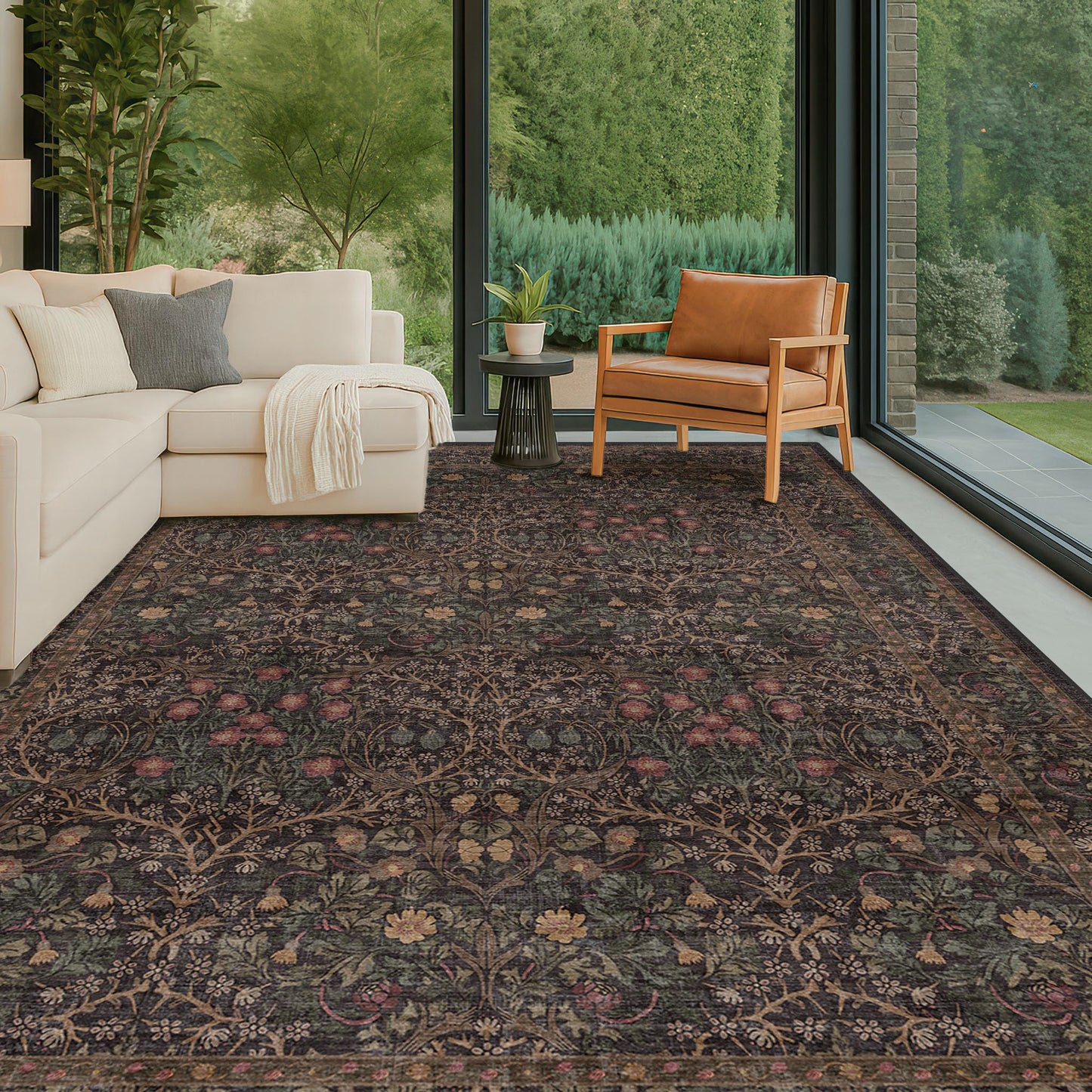 Washable Area Rugs 9x12 Living Room - Dark Brown Large Rug for Dining Room Under Table, Bedroom, Soft Low Pile Non-Slip Stain Resistant Carpet - Vintage Floral Plant Design
