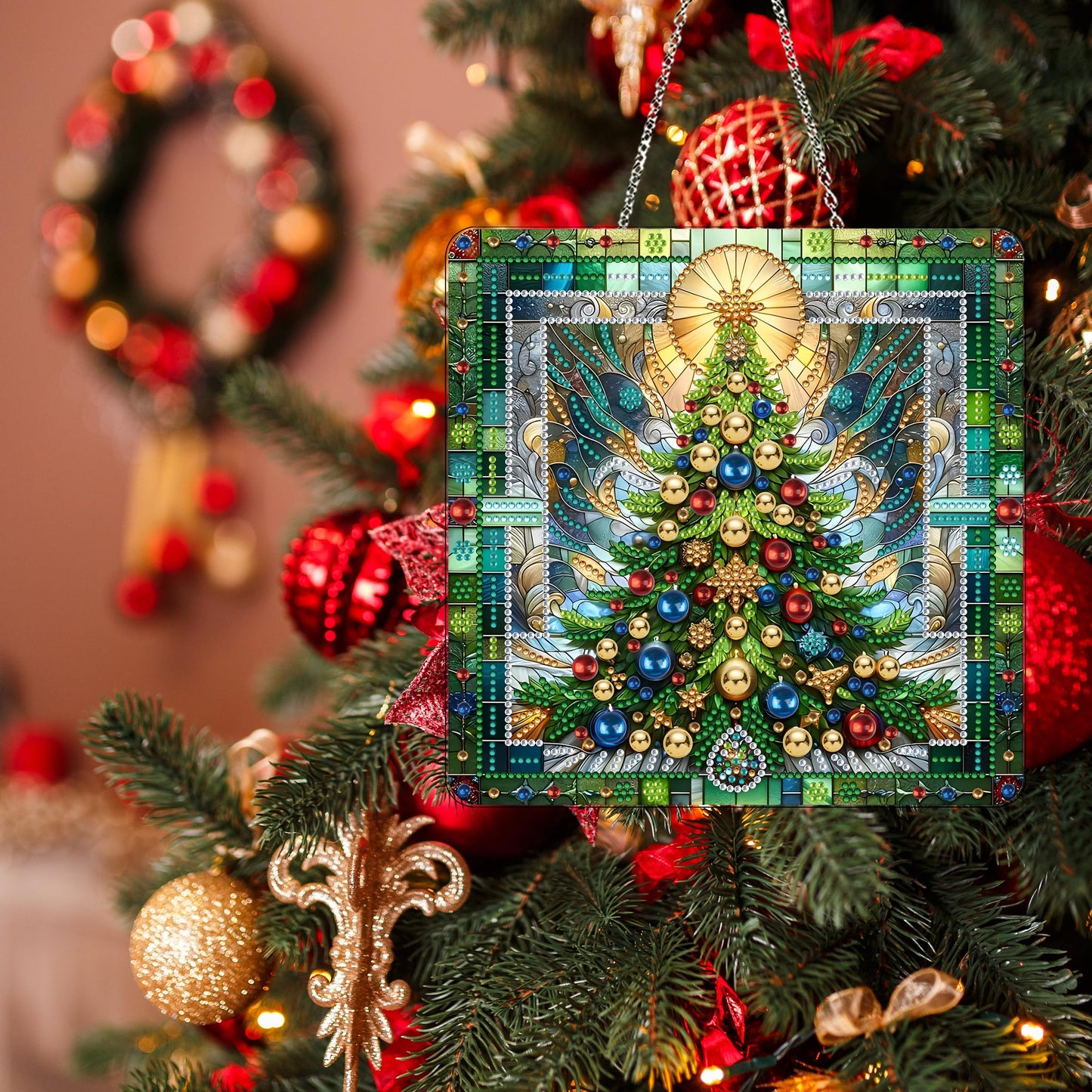 JJFox DIY Acrylic Diamond Art Painting Wreath Kits Special Shaped Rhinestone Diamond Art Window Pendants Home Garden Wall Hanging Kits Hanging Ornament，Double Sided(Christmas Tree-1)