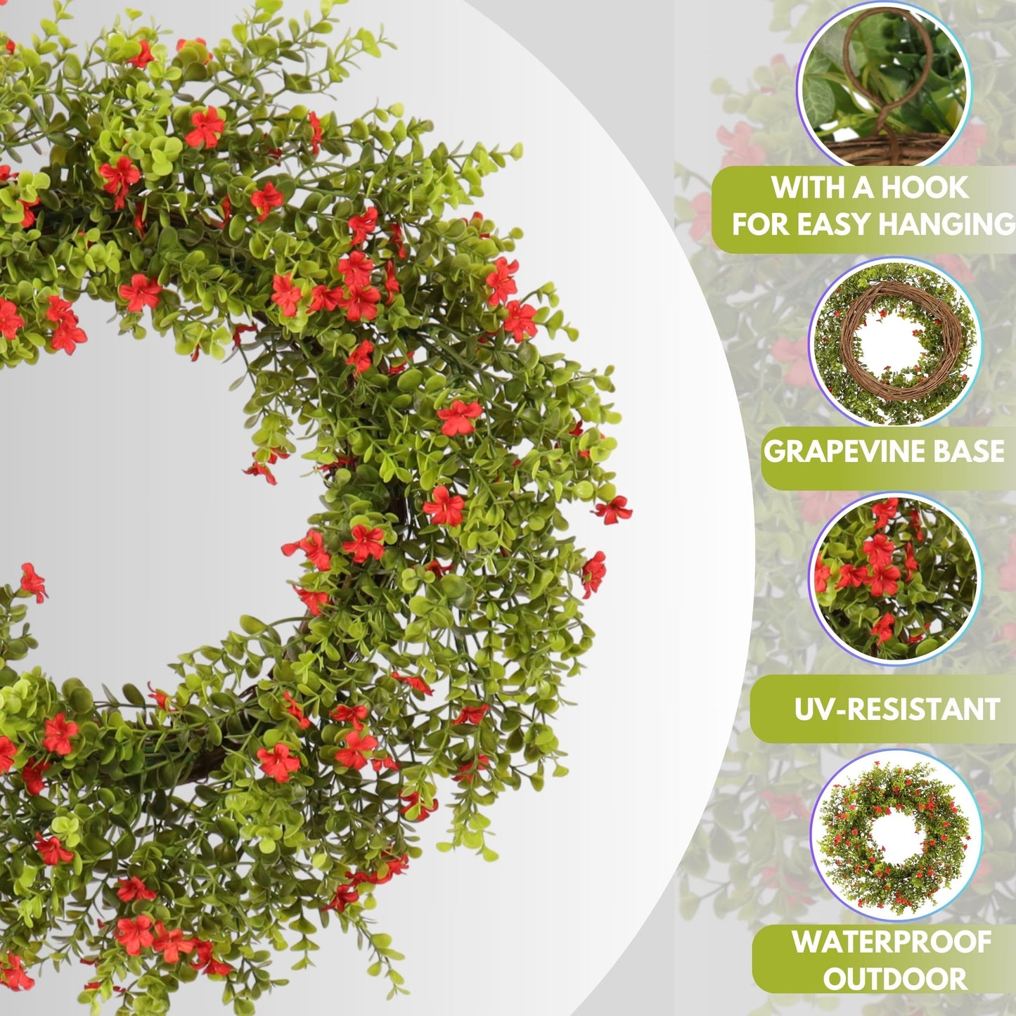 Zhemobang 20" Boxwood Wreath for Front Door – Lush Greenery Wreath with Red Flowers, Artificial Spring & Summer, Farmhouse Decor for Home, Outdoor & Indoor Use