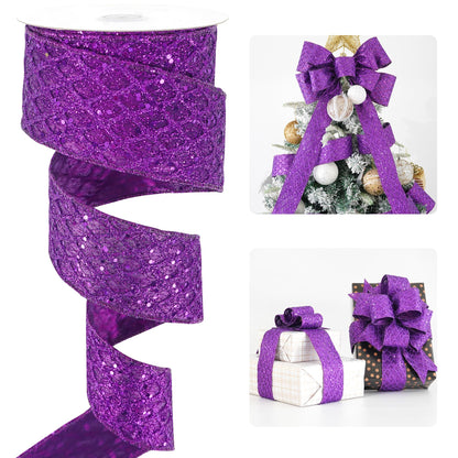 HUIHUANG Purple Wired Ribbon for Christmas Tree 2.5 inch Purple Glitter Diamond Mesh Ribbon for Tree Decoration, Wreaths, Garland, Gift Wrapping, Large Bows Making, Halloween Decor -10 Yards