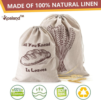 Linen Bread Bags, Pack of 4 Large and Extra Large Reusable Drawstring Bags for Homemade Artisan Bread Storage