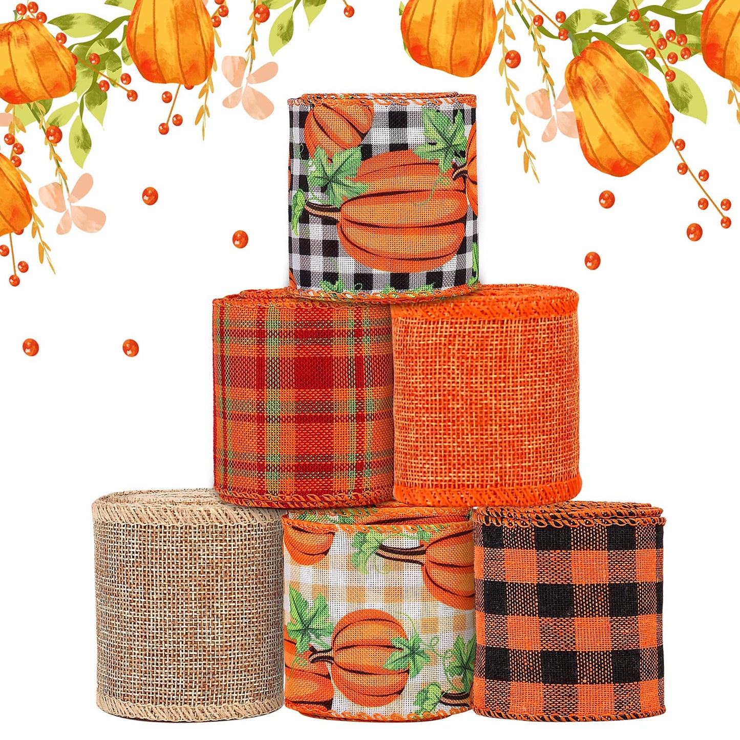 6 Rolls 30 Yards Fall Burlap Ribbon, 2.5 Inch Wired Edge Ribbon with Buffalo Plaid and Pumpkin Pattern for Thanksgiving Crafts, Wreaths, Bows and Gift Wrapping