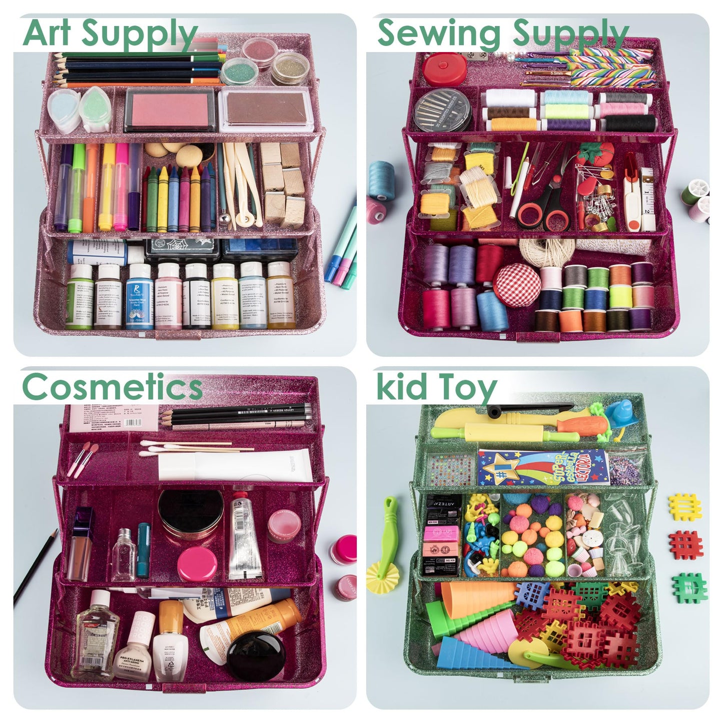 Glitter Art & Craft Tool Storage Box,3-Layer Stackable Carry Tackle Box Sewing Box Organizer for Art Supply, Makeup,Sewing Supply (Green)