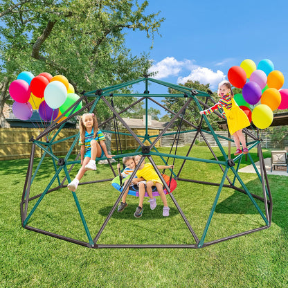Hapfan 10 ft Climbing Dome Swing Set with Saucer Swing, Jungle Gym for Kids Outdoor Backyard, Supports 800lbs, Easy Asssembly, Rust-Resistant Outdoor Playset for Ages 3-8 8-12 (Green and Brown)