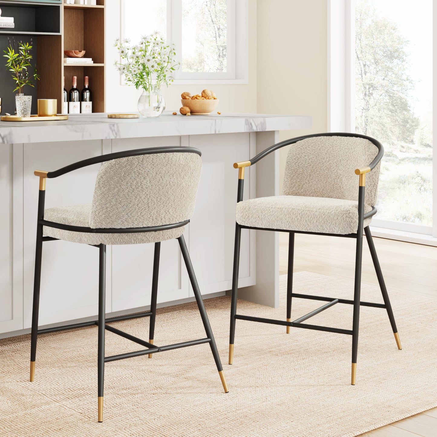 Christopher Knight Home Set of 2 Varus 26" H Iron Frame Counter Stool, Dining Room/Kitchen Island Barstool with Footrest/Backrest, Boucle Upholstered Accent Chairs for Kitchen Counter, Almond+Black