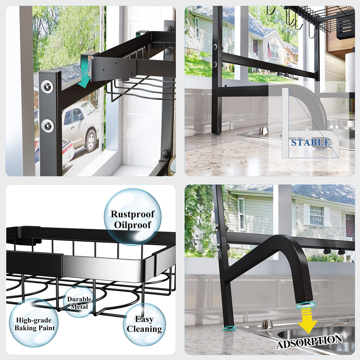 Over The Sink Dish Drying Rack, Adjustable (25.5 to 33.5 inch) 2 Tier Dish Drying Racks for Kitchen Counter with Paper Towel Holder Cup Utensil Holder ChoppingBoard Holder Sink Caddy Hooks, Black