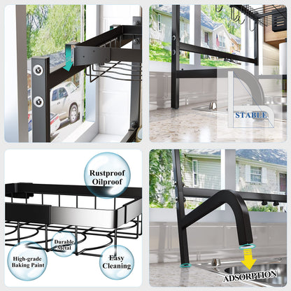 Over The Sink Dish Drying Rack, Adjustable (25.5 to 33.5 inch) 2 Tier Metal Steel Dish Drying Racks for Kitchen Counter with Hooks Paper Towel Utensil Cup Holder Sink Caddy (Black)