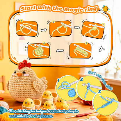 Joyclub Crochet Kit for Beginners 4 Pcs Chicken Family Amigurumi Crochet Starter Kits with Step-by-Step Video Tutorials DIY Craft Gift for Adults Kitting Lovers Mother Teacher Student