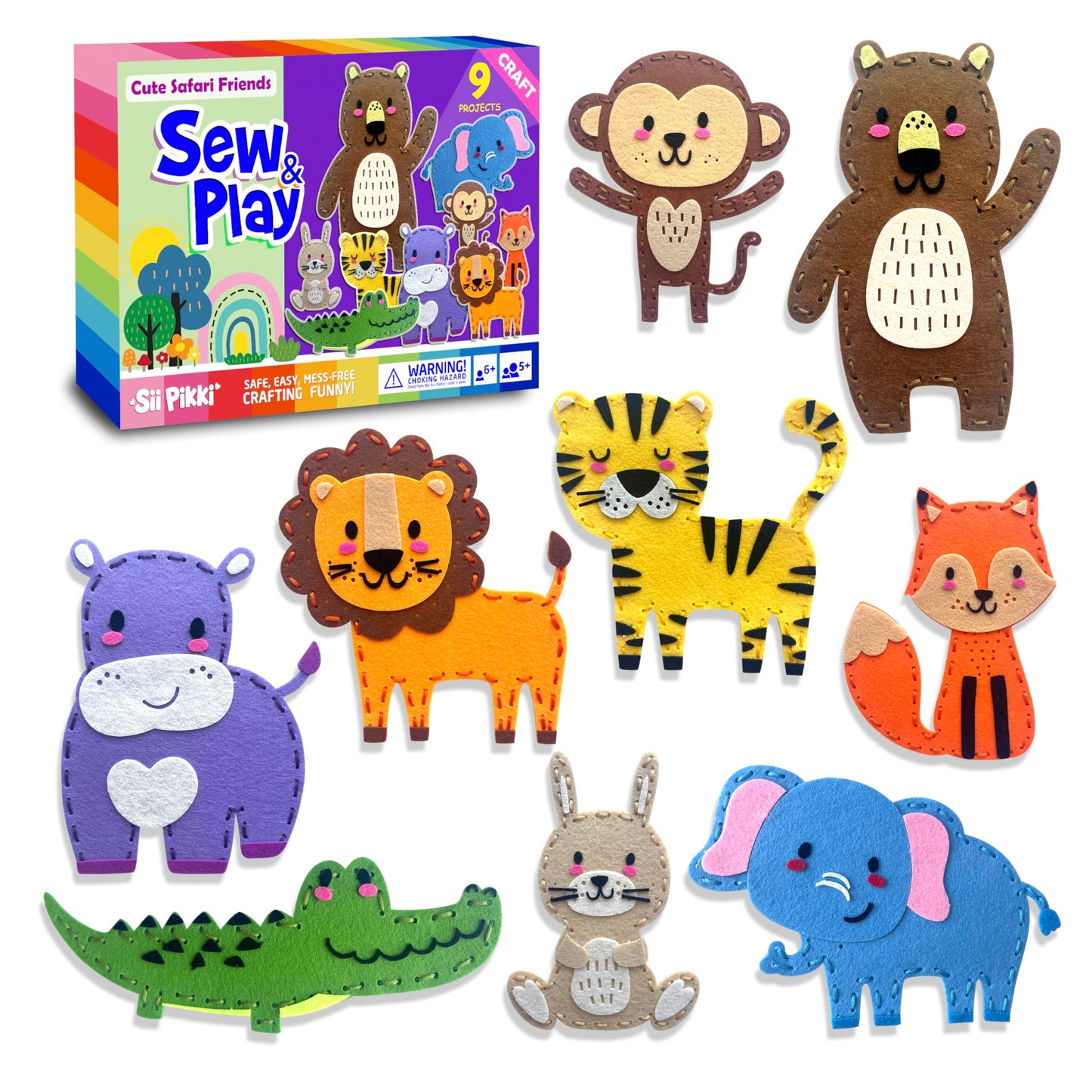 Sii Pikki Sewing Kit for Kids – 9 Easy Projects Cute Safari Animals, Beginner Sewing Kit with Felt & Instructions, Kids Sewing Kit Ages 6-12, Learn to Sew Arts & Crafts for Kids, Gift for Girls Boys