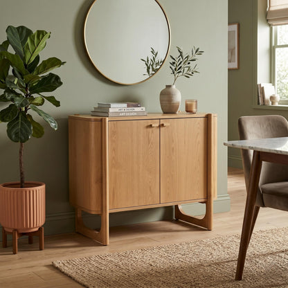 AllForWood Apollo Mid-Century Modern Wooden Accent Cabinet, Buffet and Media Console, Storage Cabinet with Solid Wood Legs, Soft-Closed Hinges and Adjustable Shelves (Light Oak)