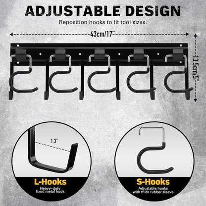 ELEAD 68'' Adjustable Metal Garden Tool Organizer - Wall Mount with Black Hooks for Garage Storage
