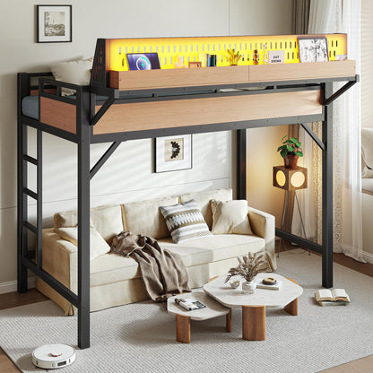 DNYN Metal Loft Bed with Storage Guardrails and Pegboard for Teens Bedroom/Dorm, Twin XL Size Loft Bed Frame with USB Ports and LED, Space-Saving Design & No Box Spring Needed
