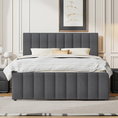 Merax Full Size Upholstered Platform Bed with Trundle and 3 Storage Drawers, Full Bed Frame & Tall Stripe Headboard for Bedroom, Solid Wood Slats Support, No Box Spring Needed, Easy Assembly, Gray