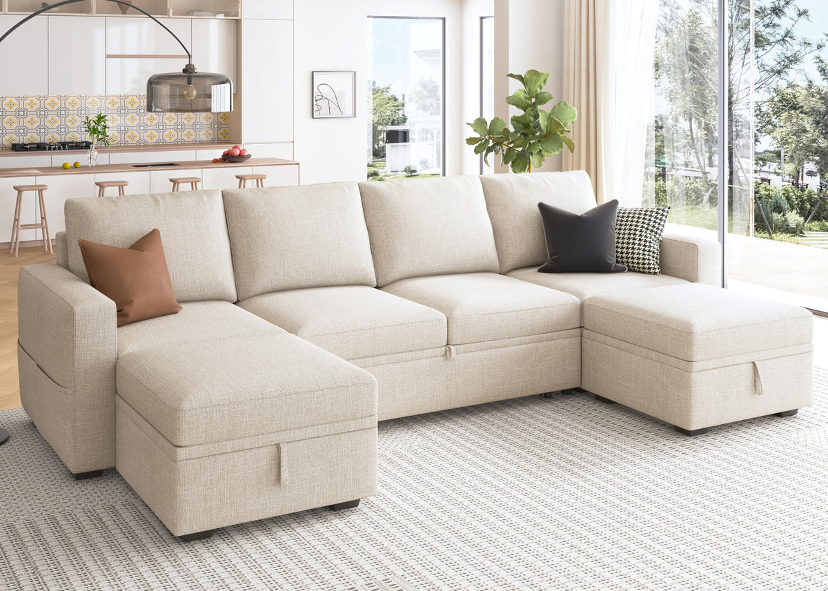 HONBAY Modular Sectional Sleeper Sofa Bed, Sectional Couch with Pull Out Bed U Shaped Modular Couch with Storage Ottoman for Living Room, Beige