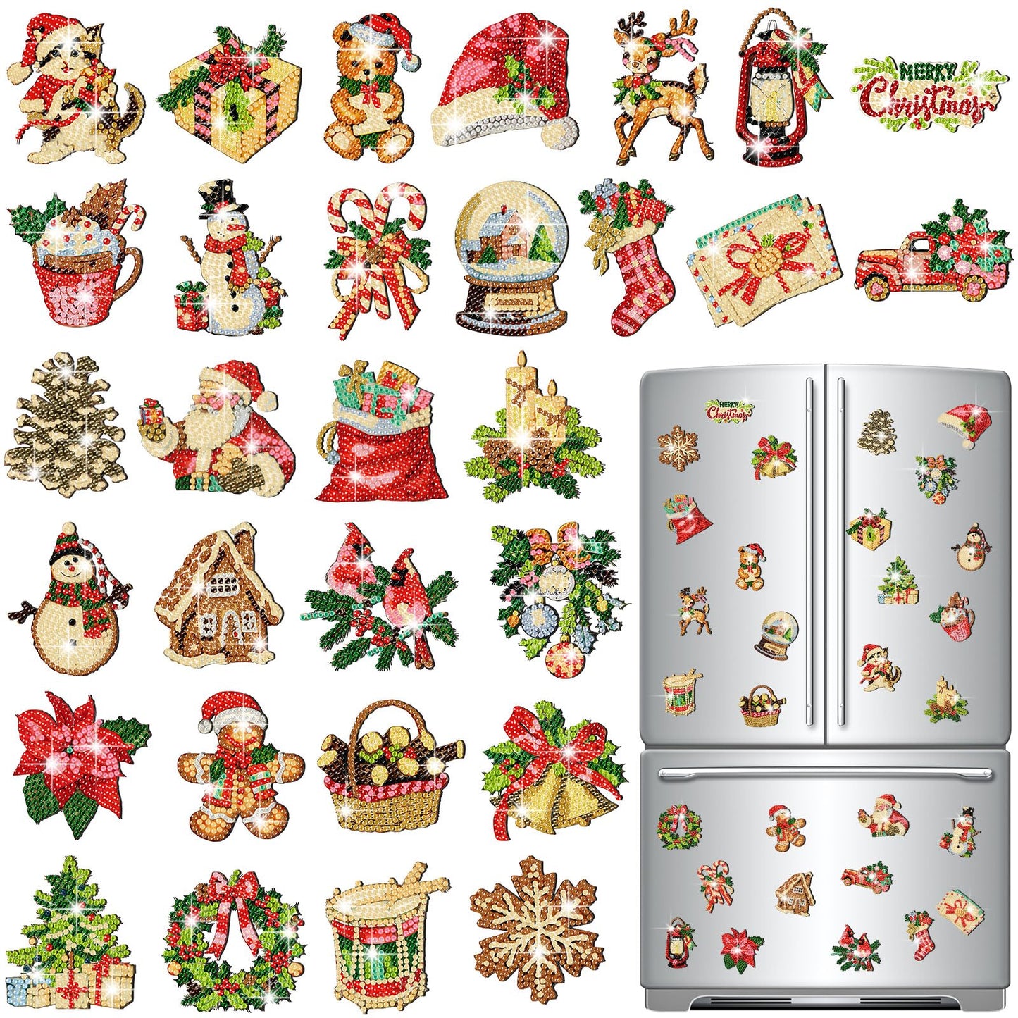 Copkim 30 Pcs Christmas Diamond Art Magnets Kits DIY Santa Claus Diamond Fridge Magnetic Stickers Xmas Gem Art Magnets for Beginners Holiday Decor Home