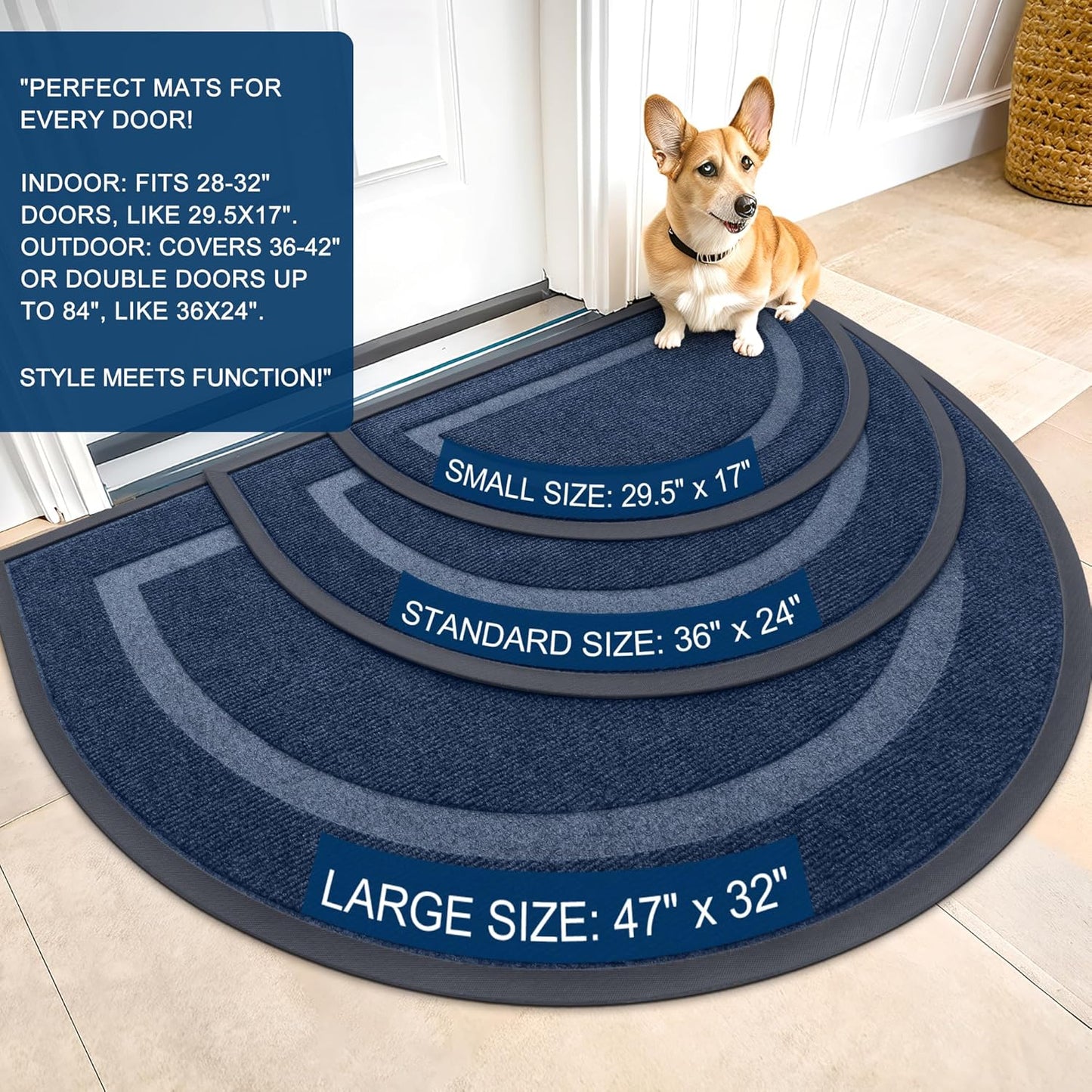 OLANLY Half Circle Door Mat - Waterproof All-Season Doormat for Indoor/Outdoor Use | Easy Clean, 29.5x17, Blue