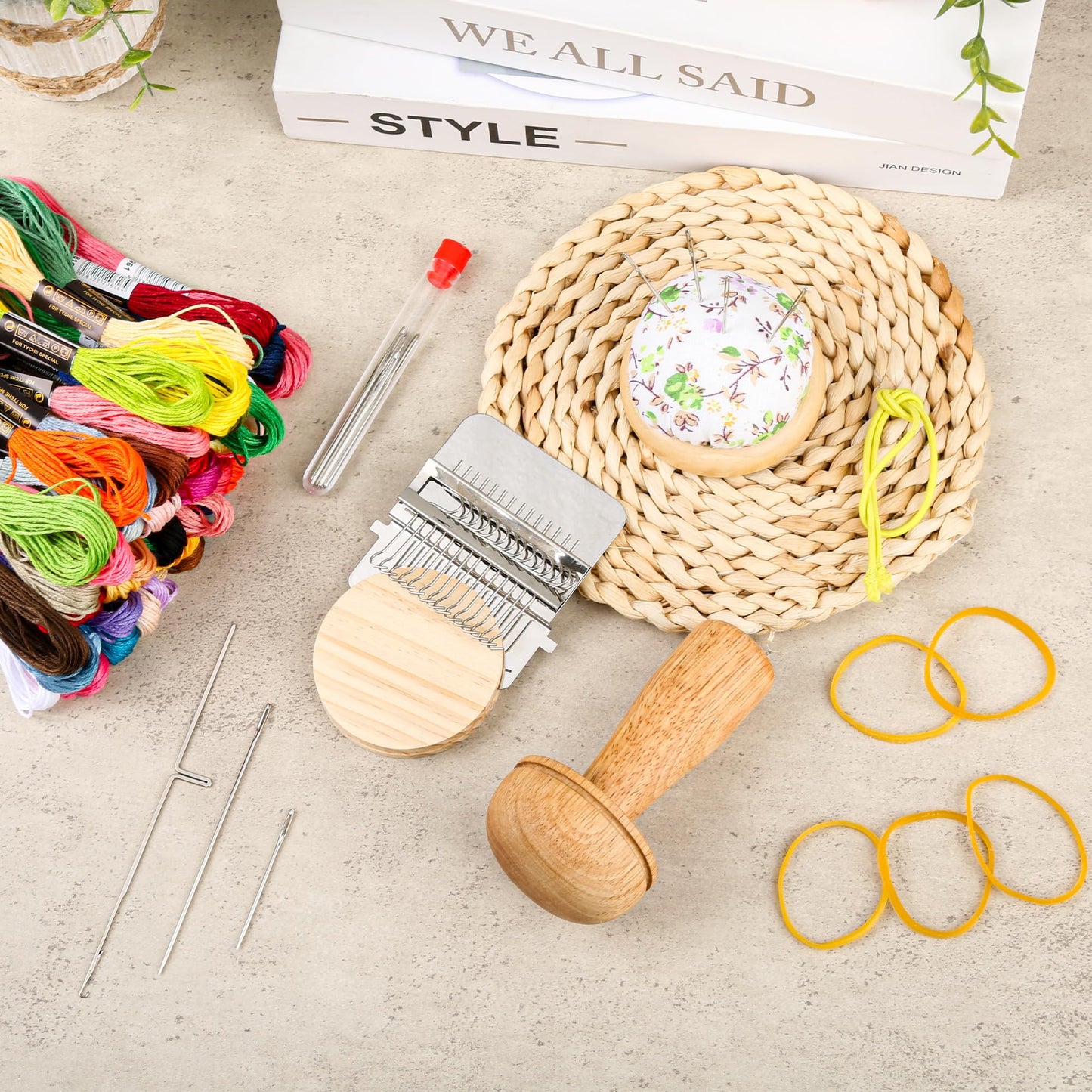 PHOXPH Mini Darning Loom Kit, Mushroom Knit Patch Kit, PatchMaker Mending Tool with 50 Colors Yarn, 14 Hooks, Weaving Loom for Socks, Jeans & Sweaters, Clothes Repair, Fixing Kit for Beginners