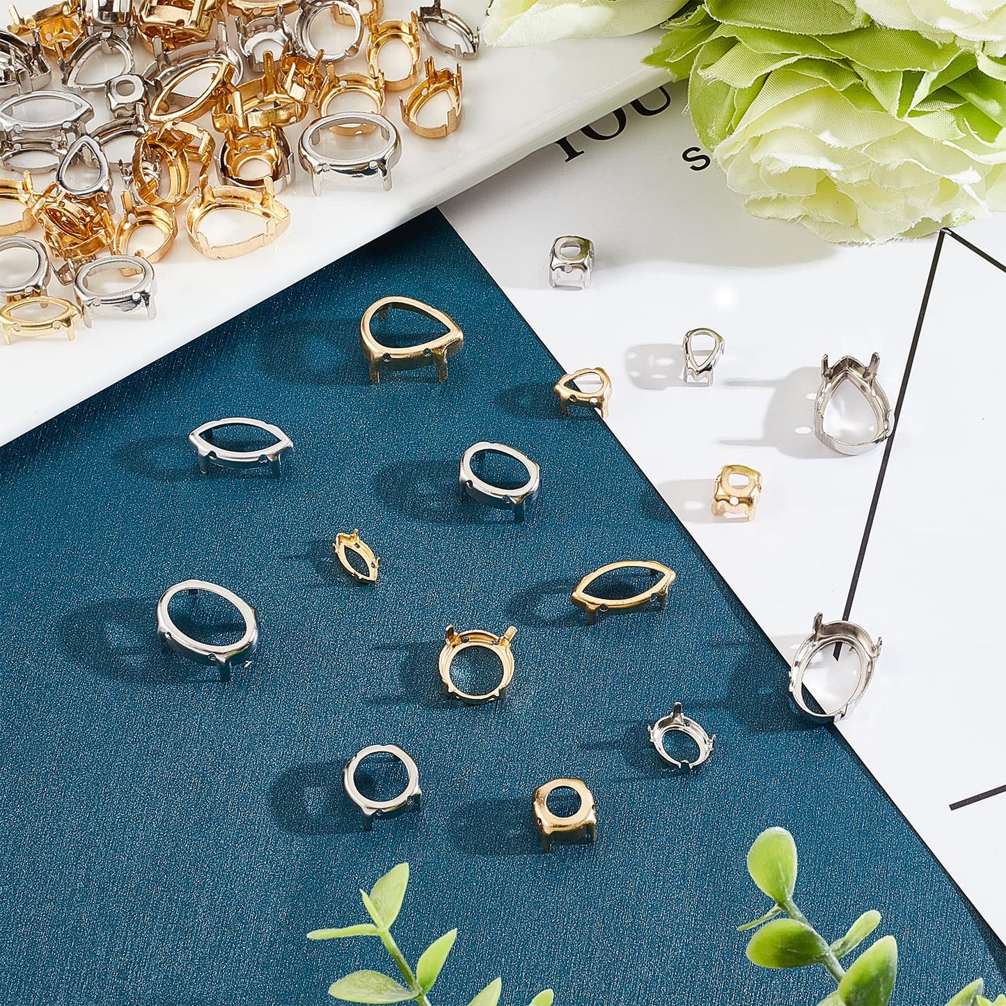 CHGCRAFT 96Pcs 24 Styles Brass Rhinestone Claw Settings Teardrop Horse Eye Oval Round Hollow Sew on Prong Setting for Rhinestone Gemstone Cabochon Resin Jewelry Making