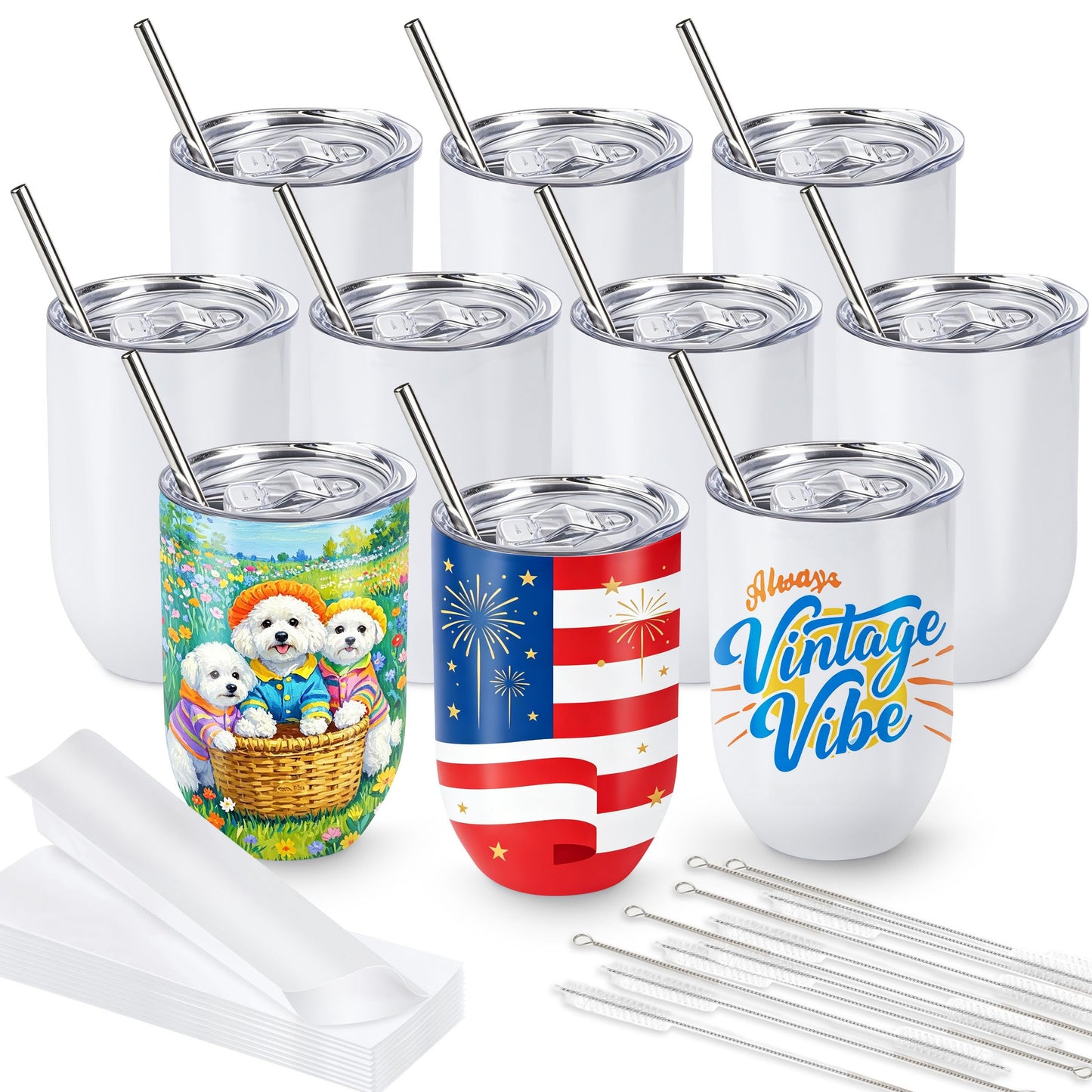 Joyclub Sublimation Wine Tumblers 10 Pack 12 oz Insulated Wine Tumbler with Lids Stainless Steel Wine Tumblers Bulk for DIY Gifts