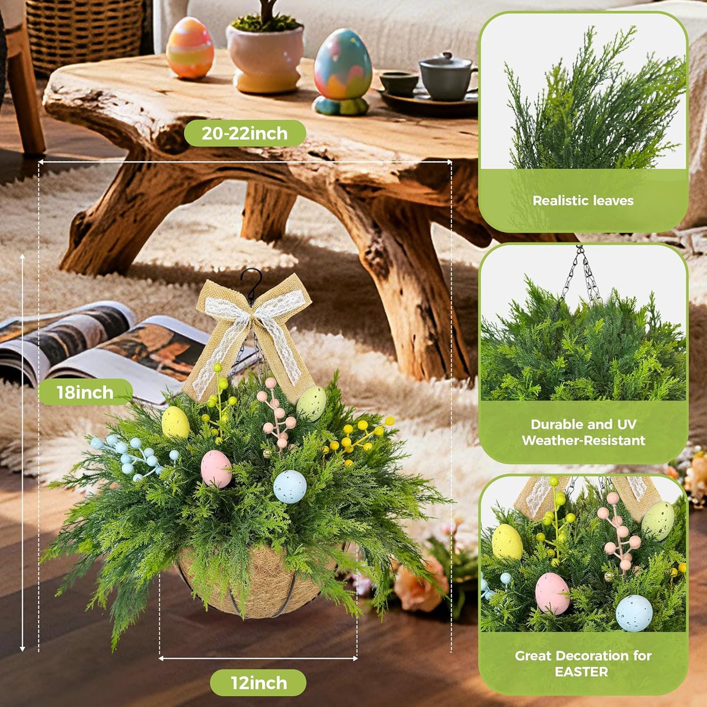 NSOPB Set 2 24 of Easter Artificial Hanging Plant Flower Baskets, Fake Planter Hanging with Pcs Cypress Leaves, Faux