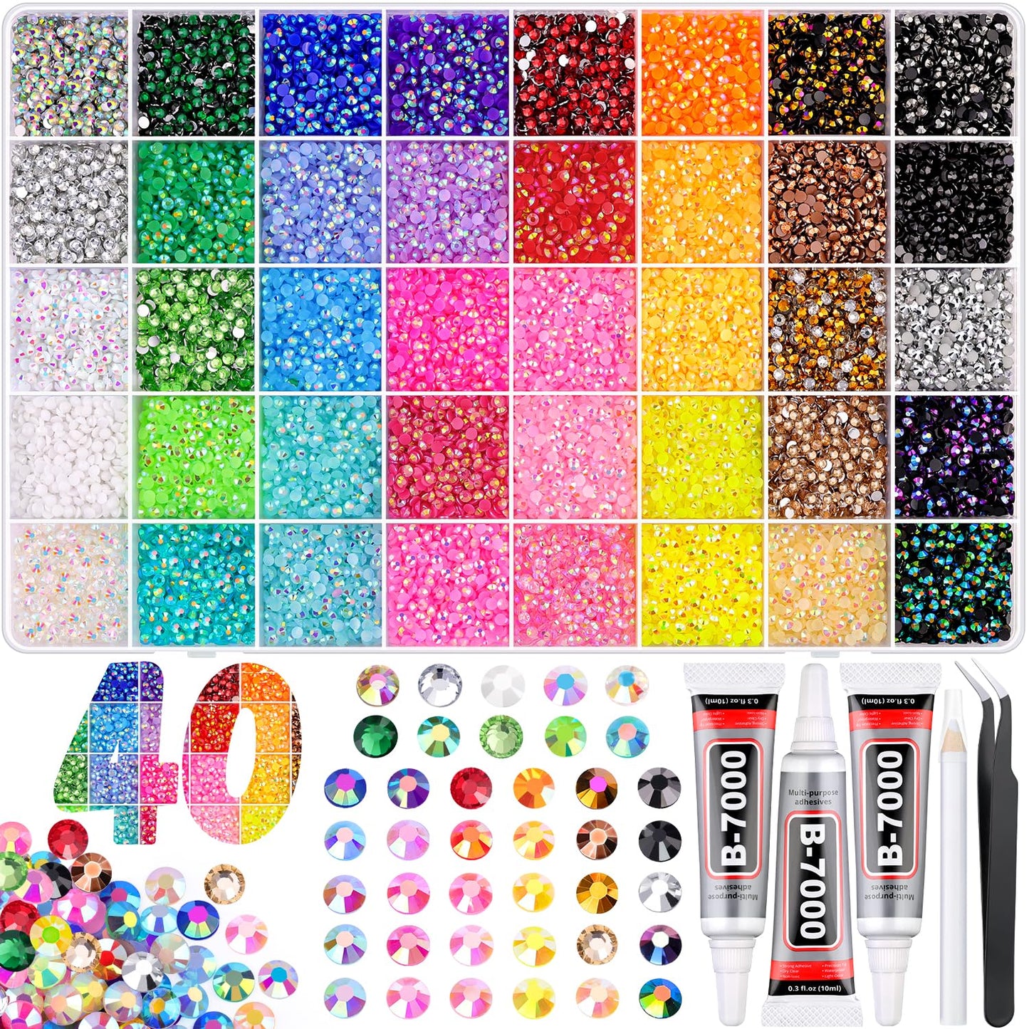 40000Pcs Jelly Rhinestones for Bedazzling Kit, Multi-Color 3mm Resin Flatback Gems with 3Pcs 10ml B7000 Jewelry Glue, Bedazzled Crystal for DIY Crafts Clothing Nail Art Makeup
