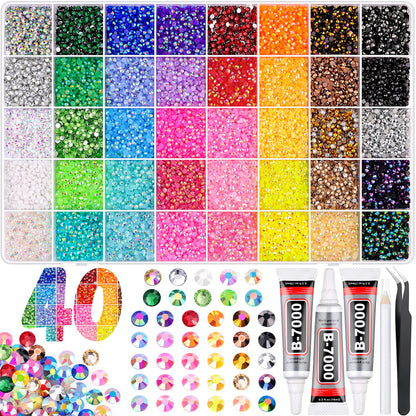 40000Pcs Jelly Rhinestones for Bedazzling Kit, Multi-Color 3mm Resin Flatback Gems with 3Pcs 10ml B7000 Jewelry Glue, Bedazzled Crystal for DIY Crafts Clothing Nail Art Makeup