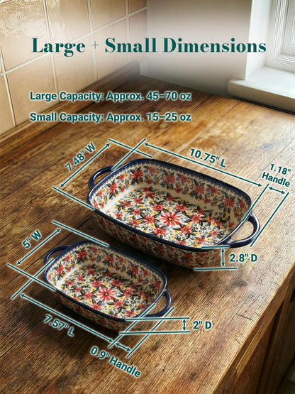 Polish Pottery Style Ceramic Baking Dish Set, 2-Piece Large & Small Casserole Bakers for 2–3 People, Floral Oven-to-Table Bakeware, Microwave & Dishwasher Safe, Gift-Ready with Protective Packaging