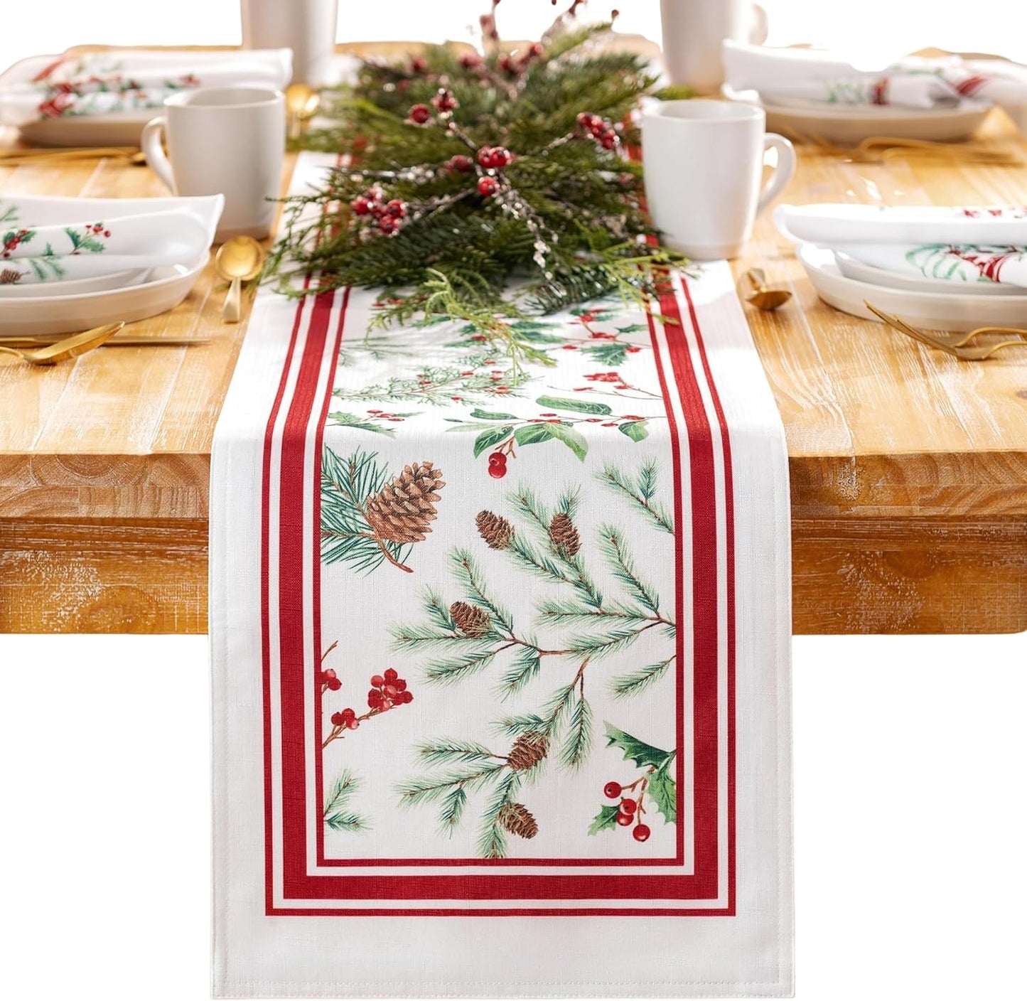13" 70" Elrene Home Fashions Winter Holiday Berry Fabric Bordered Table or Console Runner, Christmas Table Decor, x