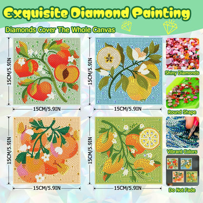 ICYANART 4 Pack Diamond Art Kits for Kids Fruit Gem Art Kit for Kids Ages 6-8-12 Small Diamond Art for Kids Gifts and Home Wall Decor 7x7inch