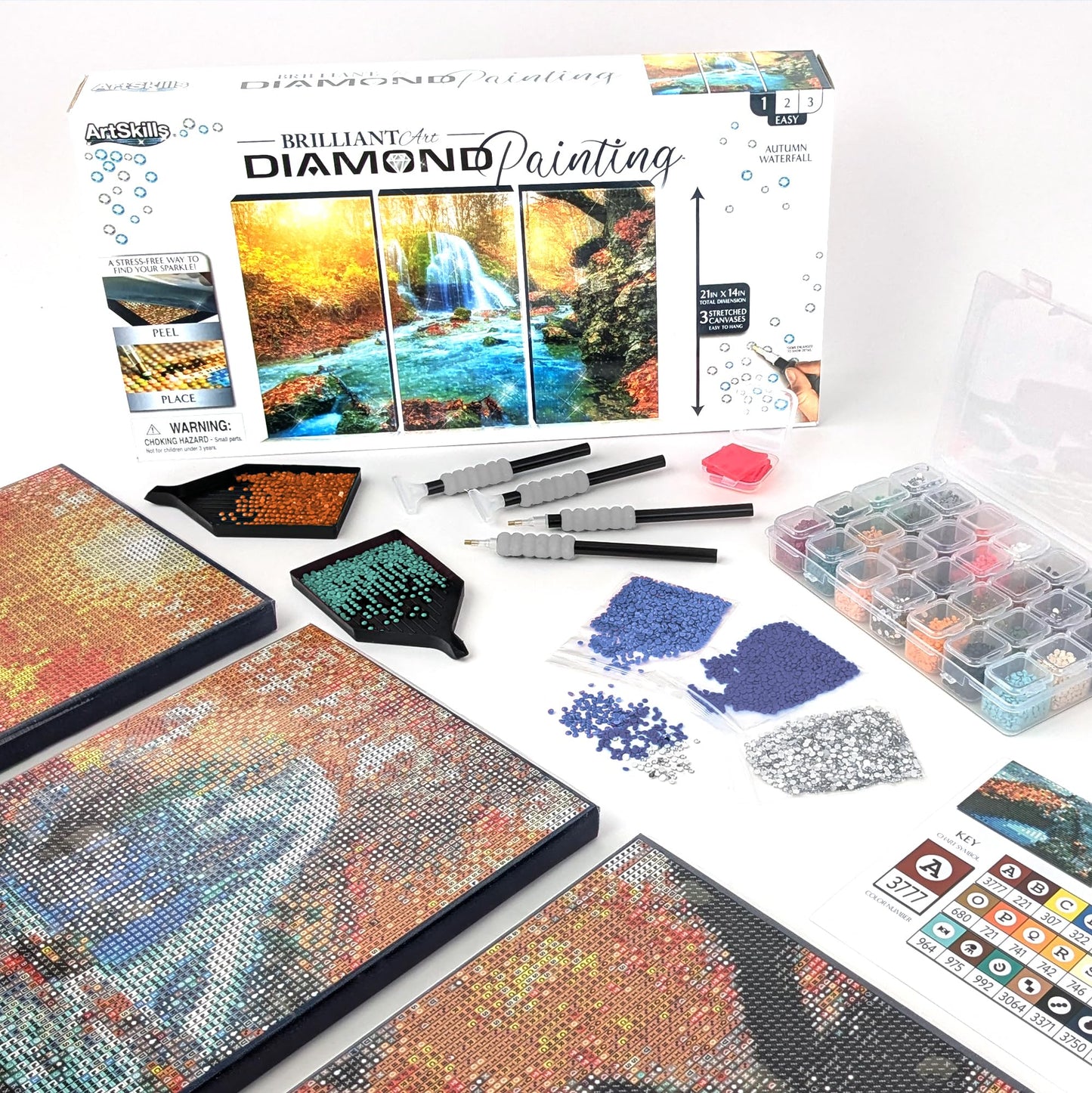 ArtSkills Diamond Painting Kit, Diamond Art on Framed Canvas with Gem Storage Case and Accessory Kit, Waterfall, 3 Stretched Canvas Panels, 14” x 7” Each