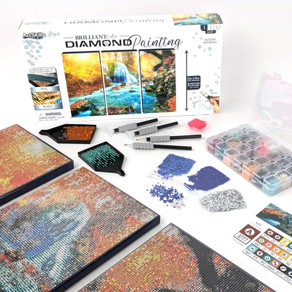 ArtSkills Diamond Painting Kit, Diamond Art on Framed Canvas with Gem Storage Case and Accessory Kit, Waterfall, 3 Stretched Canvas Panels, 14” x 7” Each