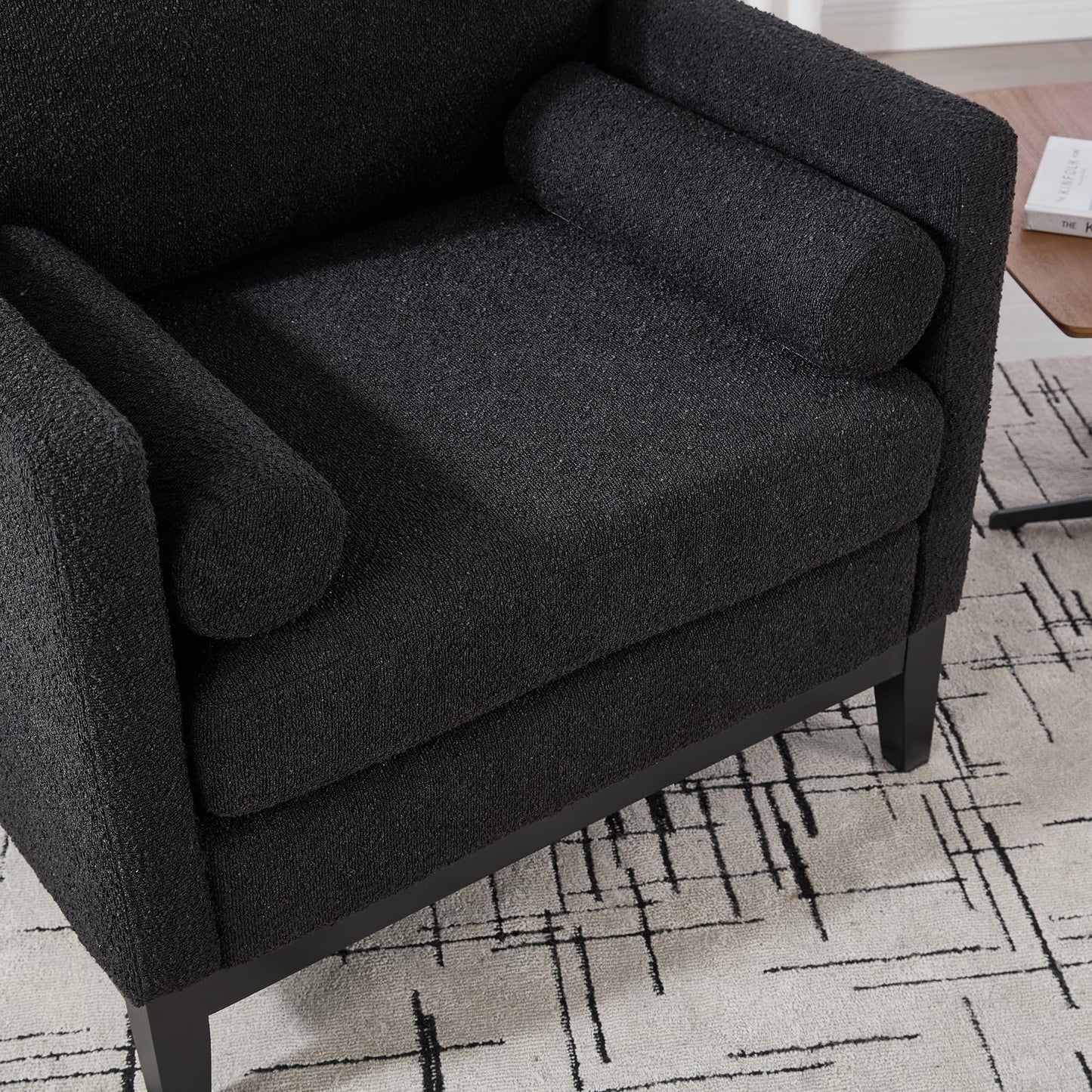 KEIKI 35.4" W Accent Chair with 2 Pillows, Farmhouse Boucle Upholstered Single Sofa with Wood Legs for Living Room & Office, Black