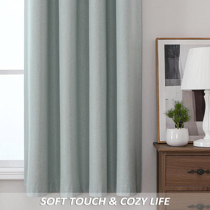 THOOO 100% Blackout Curtains - Natural Linen Texture | 84-Inch Thermal Insulated Grommet Panels in Sage Green for Bedroom & Nursery