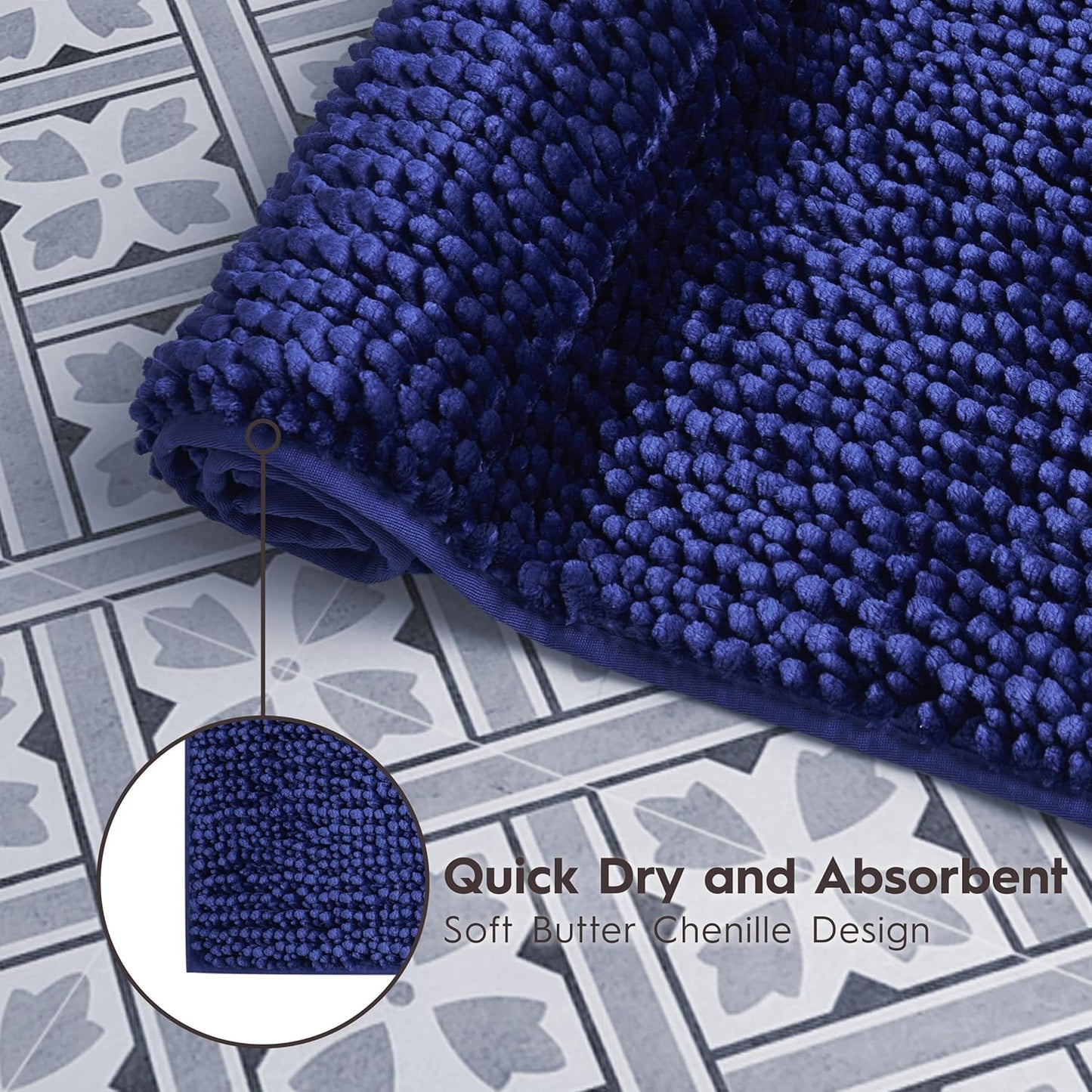 Laura Ashley Butter Chenille Bath Rug, Absorbent Shaggy Non-Slip Bathroom Mat - 2 Piece Navy