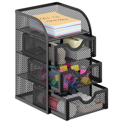 EasyPAG Mesh Desk Organizer with 3 Drawer Office Desktop Organizers and Accessories Stationery Caddy for Office, Home, Students, Black