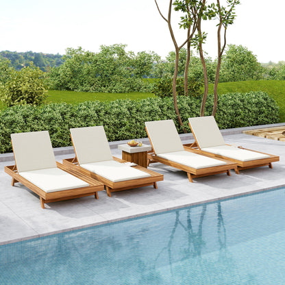 Merax Acacia Wood Chaise Lounge Chair Outdoor Set of 4, Patio Recliner with 4 Position Adjustable Backrest and 1.57" Thick Double-fold Cushion
