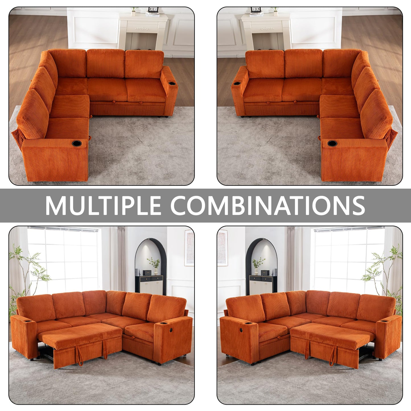 KEIKI 83" 4Seat Modular Sectional Sleeper Pull Out Bed Corduroy Sofa Couch with Chaise Storage Reversible USB Cup Holders for Creative Studio Modern Soft Bedroom Family Friendly Quality Design Orange